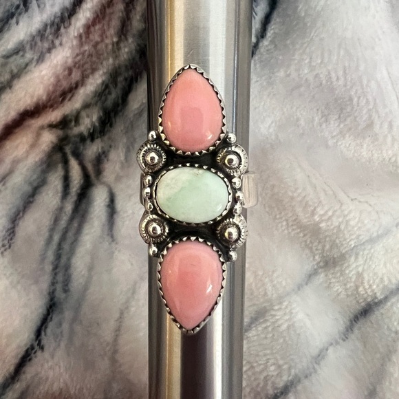 ❤️ Queen Pink Conch & Paloma Turquoise Navajo 8.25 Adjustable Ring 11.7gm - Picture 8 of 12